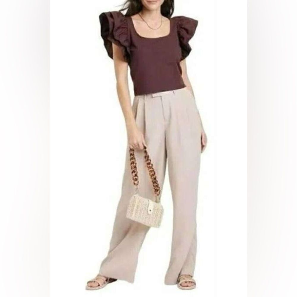 a New Day Top Double Flutter Short Sleeve Shirt Brown As Seen On TV Size XS NWT